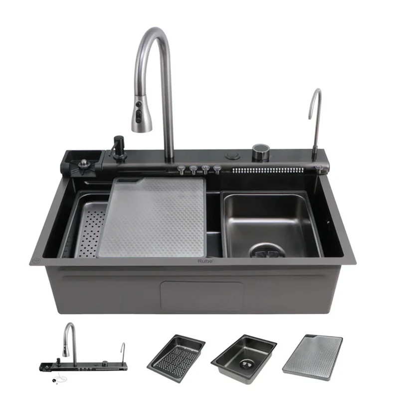 Ruhe Opera Smart Kitchen Sink 304 SS Single Bowl Black Waterfall & Cup washer 3 Spray